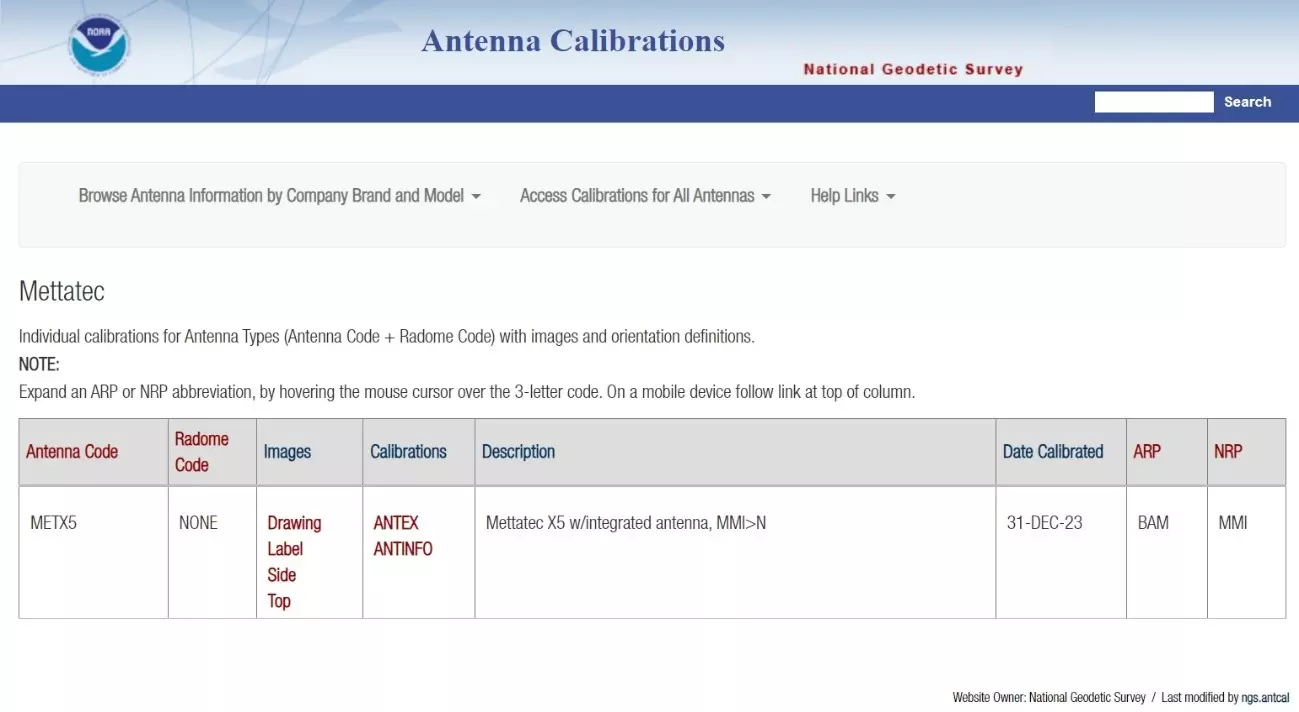 Ubicación de los archivos ANTEX y ANTINFO del Receptor Multi-banda GNSS X5 en el sitio web del NGS-NOAA